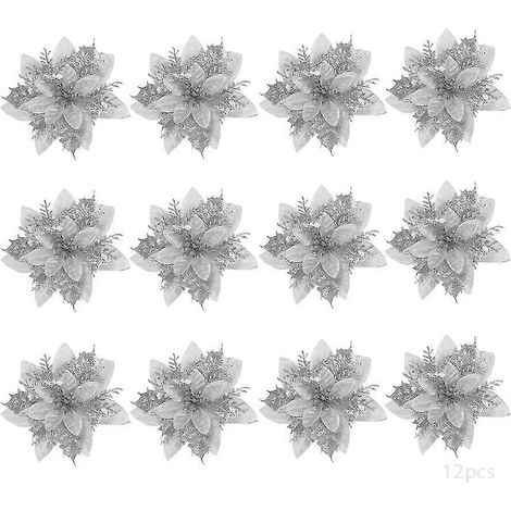 Lot de 12 fleurs artificielles de Noël, poinsettias, fleurs de Noël, décorations pour sapin de Noël (argentées) (1/5)