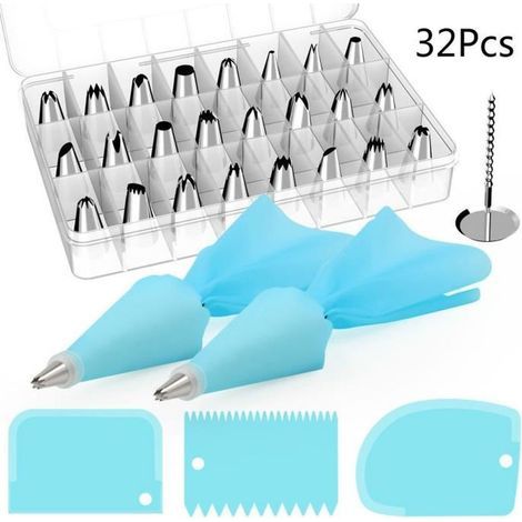 Poche Douille En Acier Inoxydable DIY Kits Réutilisable 32 Pcs Pour Décoration De Gâteaux Crème Avec Des Sacs Pâtisserie (1/4)