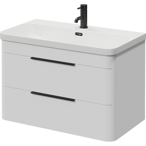 Oslo Gloss White 800mm Wall Mounted 2 Drawer Vanity Unit with Fina Basin - 800mm - Matt Black 300mm Finger Pull