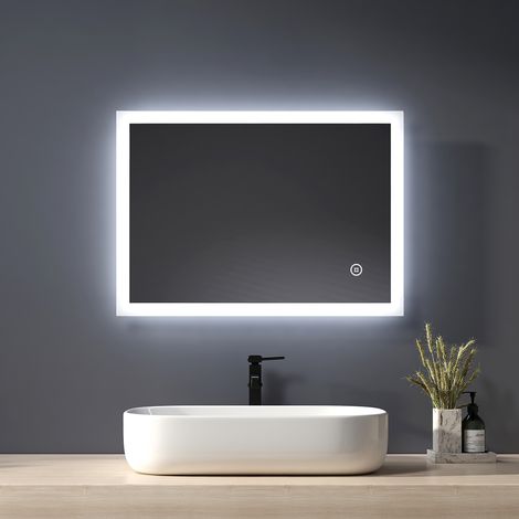 Heilmetz Espejo de baño con luz 70 x 50 cm, espejo de baño con Interruptor táctil, luz Blanca fría, espejo de pared IP44, bajo consumo (1/5)
