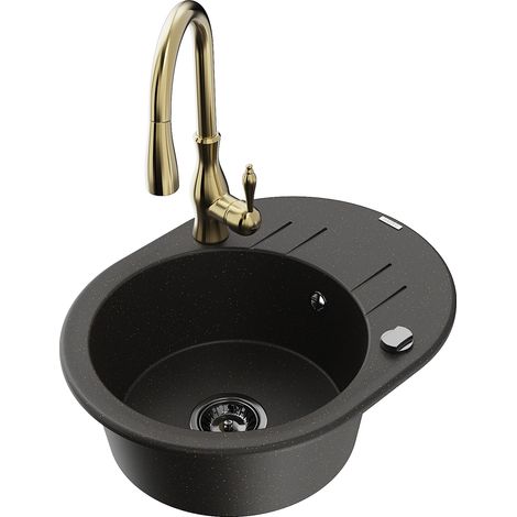 Mexen Kevin fregadero de granito de 1 cubeta con escurridor y grifo de cocina Savita, negro/dorado metálico (1/5)