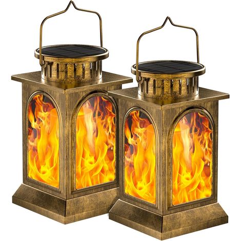 Lanterne solaire en métal, Solar Flame Lights Outdoor Hanging Lantern Outdoor Waterproof Garden Lights for Garden, Patio, Pathway, Yard Decoration (Bronze, Pack de 2) (1/5)