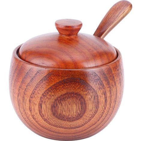 Ensemble de salière en bois avec couvercle - Pot à épices + petite cuillère en bois - Ustensiles de cuisine (1/5)