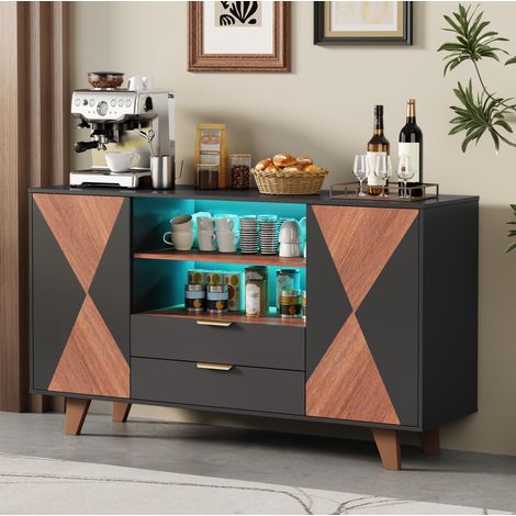 Credenza 150 x 40 x 90 cm con LED, 2 cassetti e ripiani regolabili, MDF OKMYHOME (1/5)