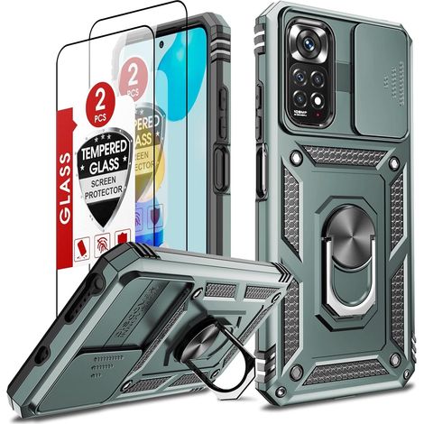 Coque pour Xiaomi Redmi Note 11/Redmi Note 11S 4G avec Protection Camera et 2 Verre Trempé, Anneau Support Militaire Anti-Chute Bumper Antichoc Rigide Armure Housse Etui Vert (1/5)
