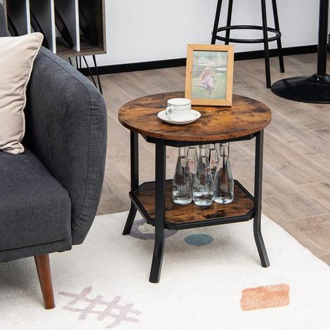 COSTWAY Runder Beistelltisch industriell, Couchtisch Klein mit 2 Ablagen, Nachttisch mit Stahlgestell, Sofatisch für Wohnzimmer & Schlafzimmer, Kaffeetisch Holz, Rustikales braun (1/5)