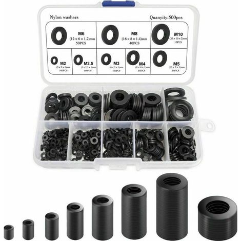Rondelle Plate - Nylon Noir - Diamètres Intérieurs M2 à M10 - 8 Tailles - 500 Pièces