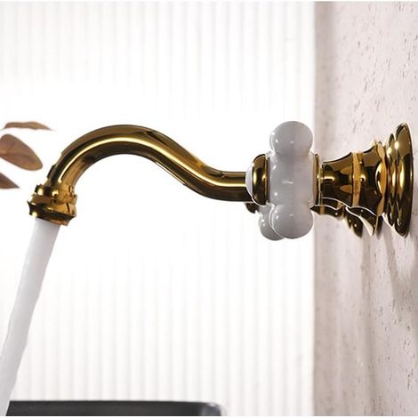 Robinet de lavabo mural en zirconium doré, mitigeur en laiton à double poignée, design élégant pour salle de bains (1/4)
