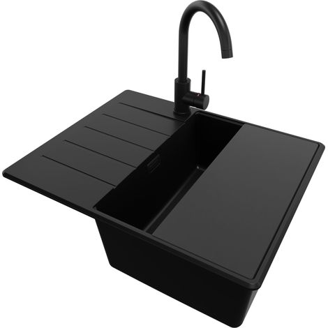 PRIMAGRAN Evier Cuisine en Granit 62x50cm, Lavabo 1 bac + Kit de Vidage + Accessoire, Évier à Encastrer au meuble 45cm - Copenhague, Tout Noir (1/5)