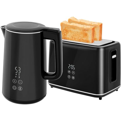 Grille-pain et bouilloire - 2200W, 1.5L, 2 tranches, 7 niveaux de brunissage - Fonctions décongélation/réchauffage, noir 21.5x15.5x25.1cm (1/5)
