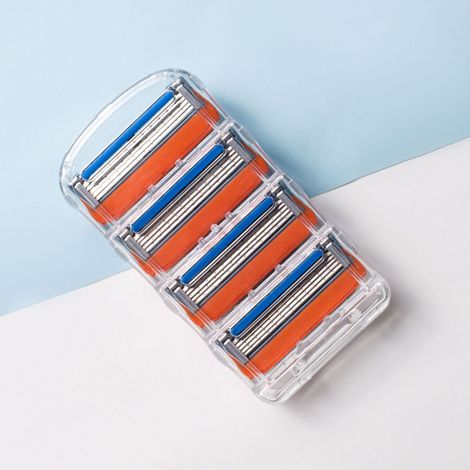 Cartouche de Rasage à 5 Lames Compatible Multi-Brands - Pour Rasoirs Manuel Homme (5 Couches, 4 Lames Orange, Support Inclus) (1/2)