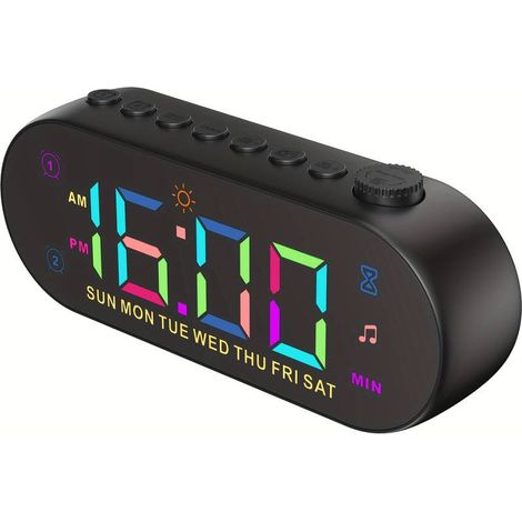 Radio-réveil numérique RGB avec surface miroir, luminosité et volume réglables, double alarme avec mode semaine/week-end
