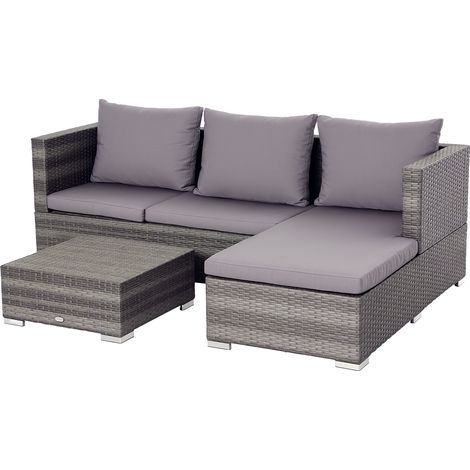 Outsunny 3 Pieces Rattan Garden Furniture Sofa Set, 4 Seater Garden Corner Sofa with 5-Level Reclining Sun Lounger and Storage Coffee Table, Outdoor Furniture Conservatory Set with Cushions, Grey