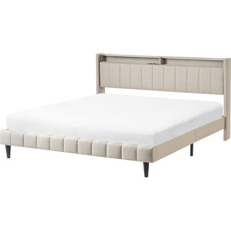 Cama LED tapizada en tela 180 x 200 cm con cabecero de almacenaje y luces LED USB beige Beaulieu (1/5)