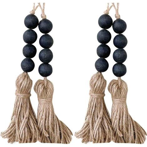 Lot de 4 guirlandes de perles en bois à suspendre, pompons, cordes, décoration d'intérieur, perles de prière, décoration à suspendre, noir