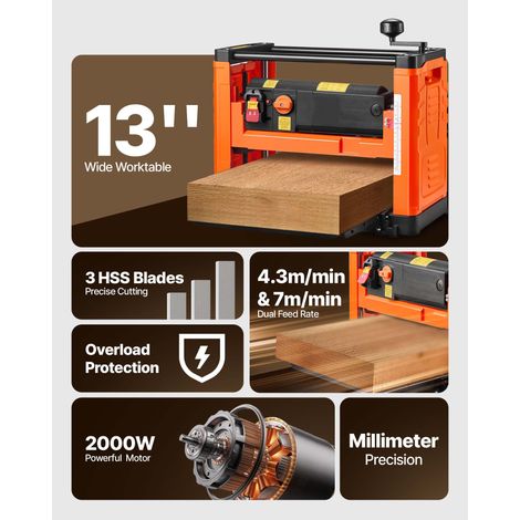 Raboteuse à table 330 mm, 2 vitesses, 3 lames, moteur 2000W 23500 tr/min, doubles rouleaux, protection surcharge, bois dur et tendre (1/5)