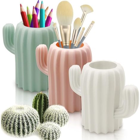 Pack of 3 cute cactus pencil holders, pen cup storage containers, cactus desk accessories, pink, white, and green (1/5)