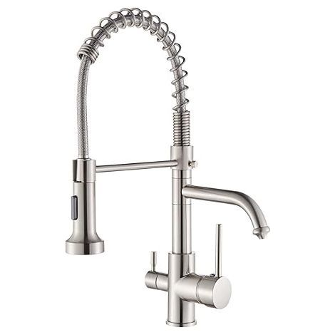 Robinet de cuisine à 3 voies avec douchette extractible, mitigeur d'eau potable en laiton, bec pivotant à 360°, finition nickel brossé (1/5)