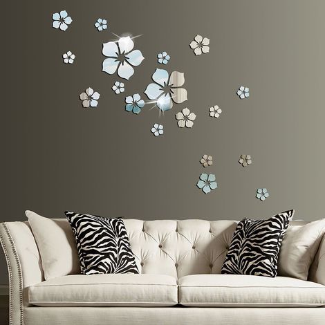 Autocollants muraux, Lot de 18 autocollants muraux miroir en acrylique avec fleurs décoration murale pour chambre salle de bain salon (argent) (1/5)