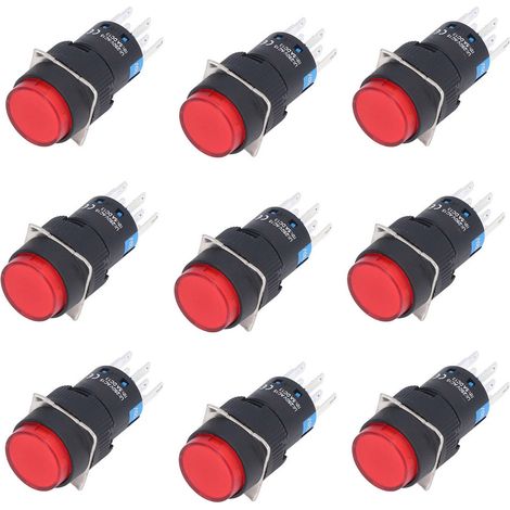Bouton poussoir rond 16mm BERM/BEM-LA16-22DS-Y, impulsionnel ou auto-maintien, 8 broches avec voyant lumineux, 220V, lot de 25 pièces, rouge. (1/5)