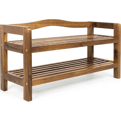 CASARIA® Shoe Rack Solid Acacia Wood Rustic Design Hallway, Bathroom, Kitchen Shoe Boot Footwear Storage Cabinet Dark Brown 2 Shelves
