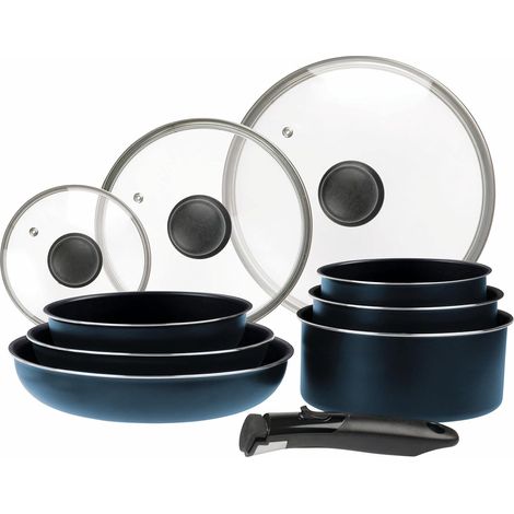 Batterie de cuisine 10 pcs Aluminium bleu métal mat : manche amovible, 3 Poêles Ø20,24,28 cm, 3 Casseroles Ø16,18,20 cm, 3 Couvercles Verre Ø16,20,24 cm, tous feux dont induction (1/5)