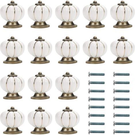 White and Gold Ceramic Furniture Knob with Pumpkin Shape Screw (Set of 16) - 3.6 x 3.9 cm - Round Vintage Furniture Knob - For Home, Office, Kitchen Cabinet, Drawers and Cupboard