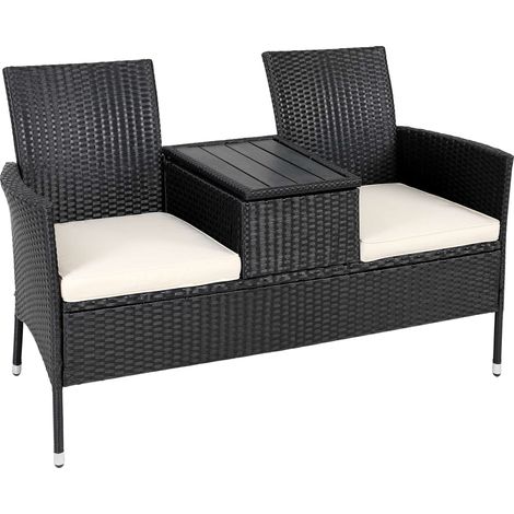 CASARIA® Banco de Jardín Poliratán 143x64x88 Mesa WPC con Baúl Silla Doble de Exteriores Cojines Lavables Soporta hasta 320kg Especial para Intemperie Resiste Rayos UV (1/9)