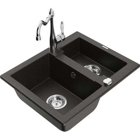Mexen Carlos fregadero de granito de 1,5 senos con grifo de cocina Carla, negro/oro metálico - 6518-75-670700-00 (1/5)