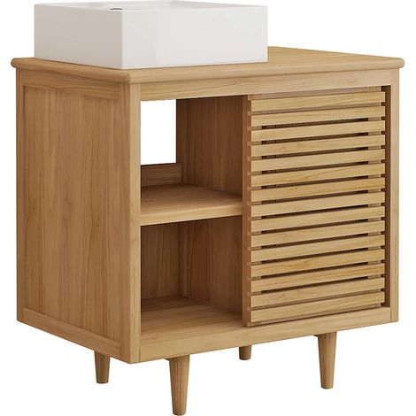Mobile bagno su piedini in teak con lavabo da appoggio quadrato in ceramica L80 cm - TORAJA (1/5)