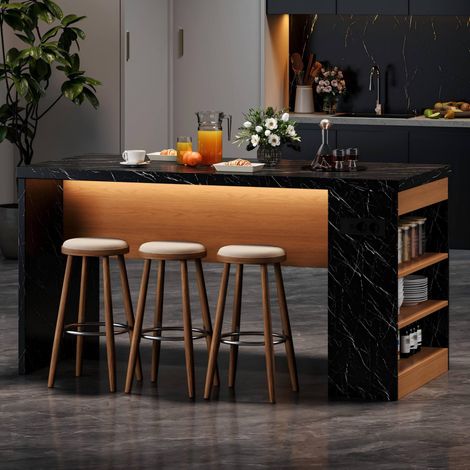 Îlot de cuisine moderne 155x80x90 cm avec éclairage LED, prises AC et USB, plan de travail épais 40 mm, 3 étagères ouvertes (1/5)