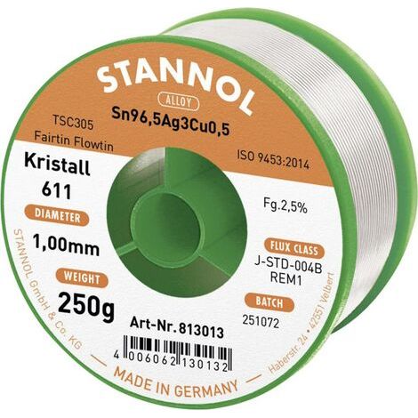 Stannol Kristall 611 Fairtin Étain à souder sans plomb sans plomb Sn96,5Ag3Cu0,5 REM1 250 g 1 mm (1/4)