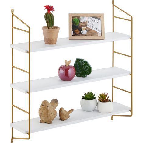Relaxdays Mensola da Parete con 3 Ripiani, HLP: 60x60x15 cm, in MDF e Ferro, Scaffale a Muro da Salotto, Bianco Dorato