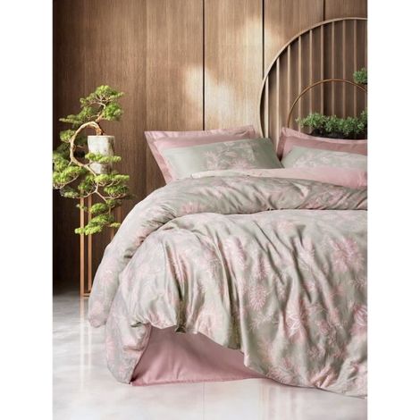 Parure de lit - 1 housse de couette 220 x 240 cm + 2 taies d'oreiller 60 x 60 cm - Satiné 100% coton - Poudre (1/4)