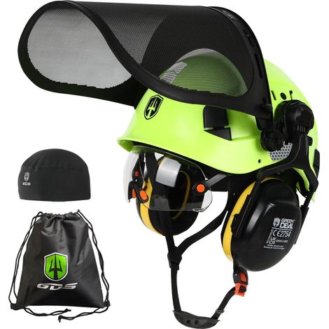 Casque de protection pour tronçonneuse - Système 5 en 1 avec protection du visage en maille - Visière et cache-oreilles intégrés - Ventilé - Pour le travail du bois et le (1/5)