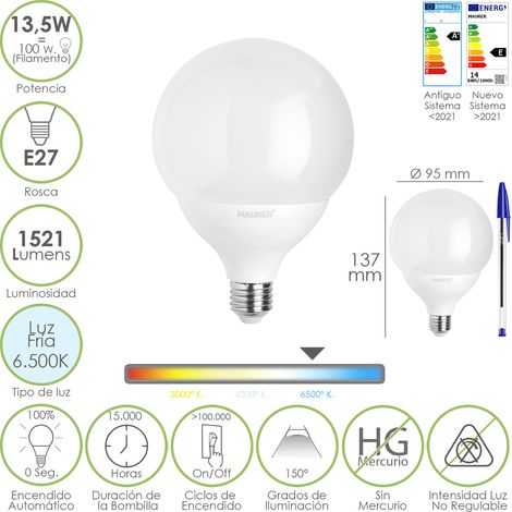 Bombilla Led Esfera Globo E27. 13,5 Watt. Equivale A 100 Watt. 1521 Lumenes. Luz Fria 6500º K.