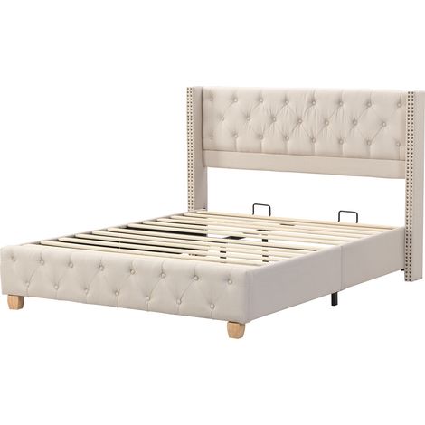 Cama capitoné 140 x 190 cm de lino beige con somier de láminas y cabecero (1/5)