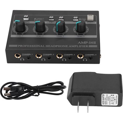 Répartiteur casque stéréo 4 voies AMP‑14II, amplificateur compact pour studio et scène, alimentation 12V 2A incluse, prise US 100-240V. (1/5)