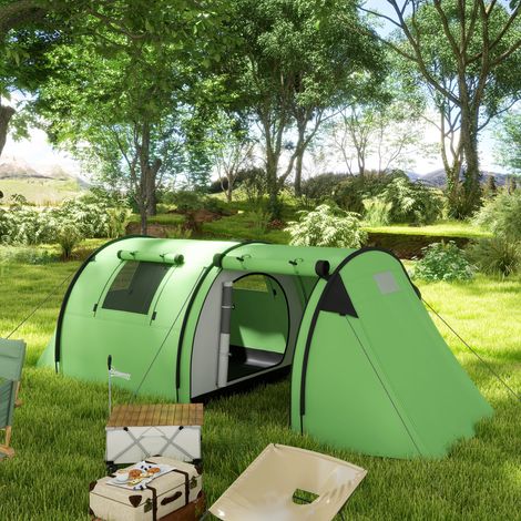 Tente de camping pour 3-4 personnes, stable, imperméable, familiale avec chambre/salon, imperméabilité 3000 mm, vert foncé (1/5)