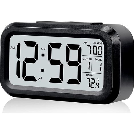 Sveglia digitale IGOODS, piccola sveglia da scrivania a batteria con luce notturna intelligente, data, temperatura interna, orologio elettronico LCD per camera da letto, ufficio, soggiorno - Nero