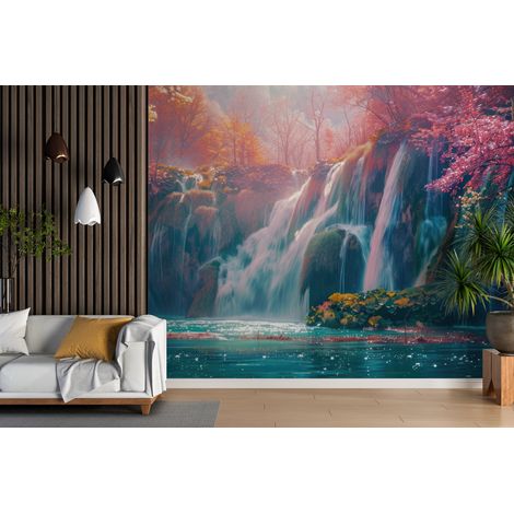Papier peint cascades - chutes mystiques de la forêt rose - 150 x 250 cm (1/2)