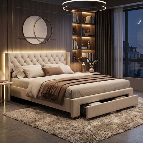 Creahappy Lit Capitonné 140x190 cm avec Tiroirs et LED - Gain de Place avec Ports USB - Structure Renforcée Velours Beige (1/5)