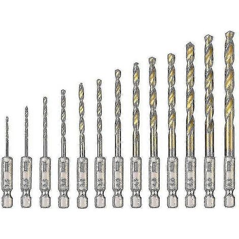 13 forets hélicoïdaux HSS revêtus de titane, à six pans creux, de 1,5 mm à 6,5 mm. (1/5)