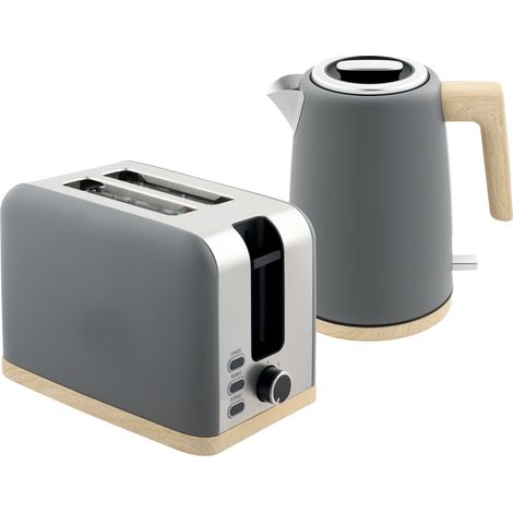 Sublimez votre cuisine avec l'ensemble bouilloire et grille-pain gris HOMCOM. Ce duo chic et moderne arbore une finition mate effet bois, pour une touche d'élégance. (1/5)