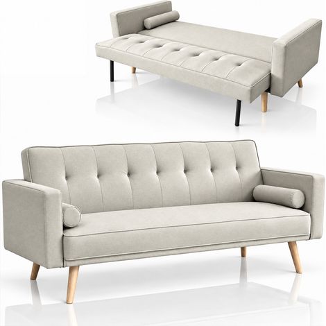 Divano Letto 3 Posti Ergonomico Beige con Struttura e Piedini in Legno (1/5)