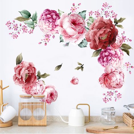 Sticker mural pivoine 3D, autocollant floral, papier peint rose en PVC imperméable à décoller et coller, décoration murale à faire soi-même (1/5)