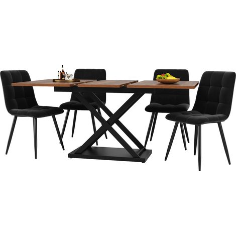 Ensemble de salle à manger (5 pièces), ensemble de table à manger extensible pour 4 personnes, table à manger 160×80×75cm avec 4 chaises de salle à manger, chaises de salle à manger en velours noir, t (1/5)