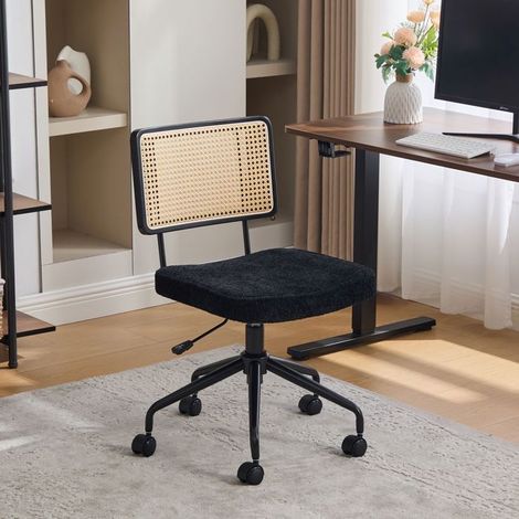Chaise style rotin vintage roulettes intégrées assise pivotante réglable assise en tissu chenille structure en bois finition noire (1/5)