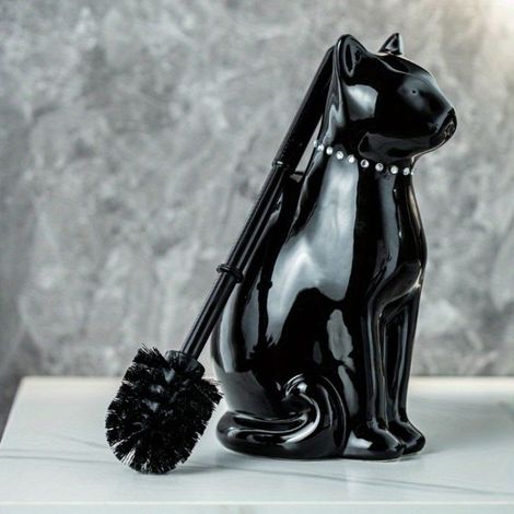 BelleRise - 1 Brosse WC élégante en céramique à long manche — Motif Chat noir et blanc : un outil de nettoyage décoratif pour la salle de bain (1/5)