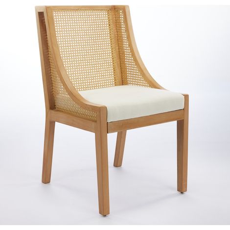 Chaise de salle à manger en rotin avec structure en bois massif et accoudoirs décoratifs, assise en lin, style campagne, finition naturelle, beige, 1 pièce (1/5)